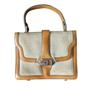 Vintage Tan Leather and Canvas Top Handle Handbag - Made in Spain